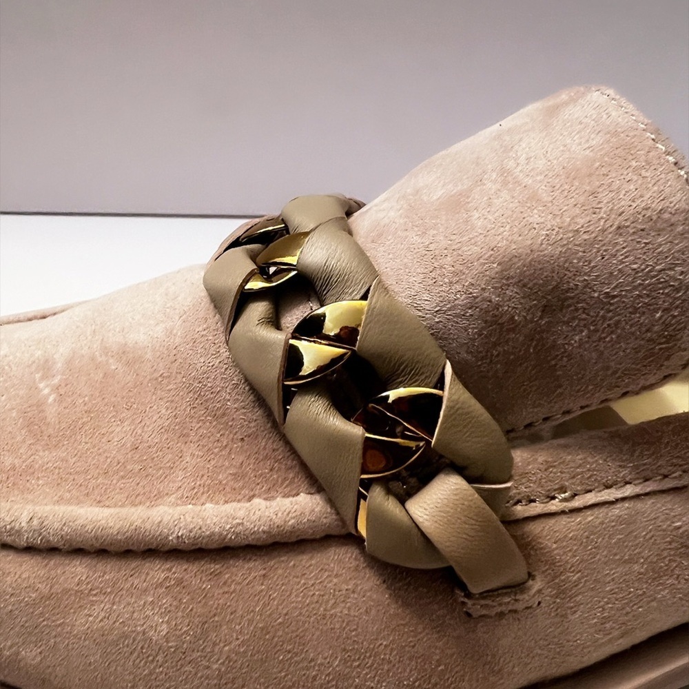 Beige Loafers with Gold Chain Accent - Picture 2 of 9